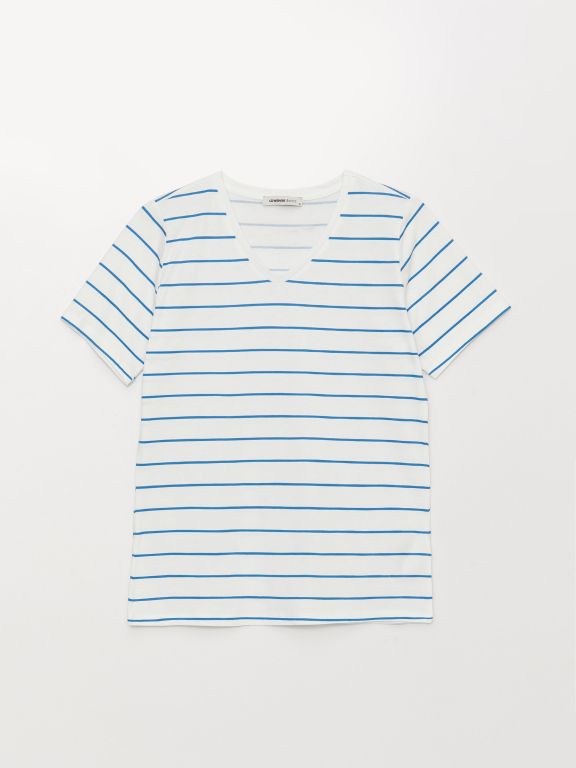 V Neck Striped Short Sleeve Women T-Shirt