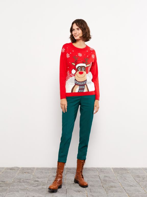 Crew Neck Printed Long Sleeve Women's Tricot Sweater