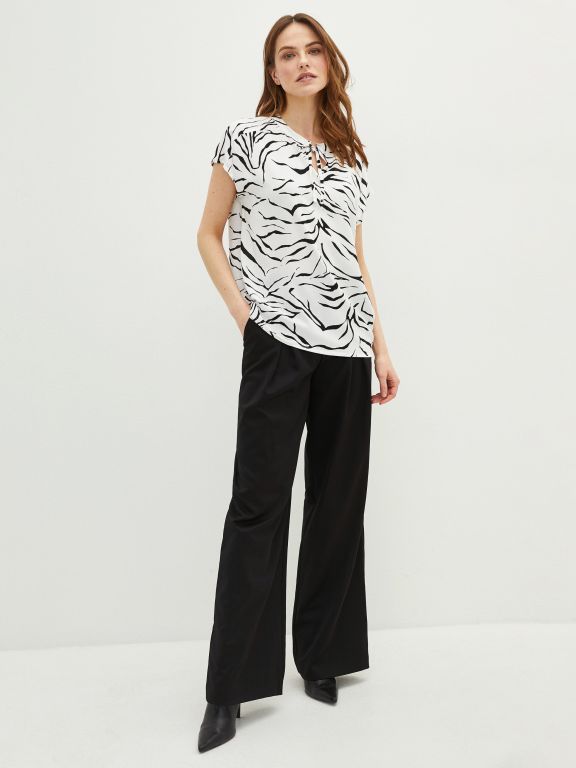 Tie Collar Patterned Short Sleeve Viscose Women's Blouse