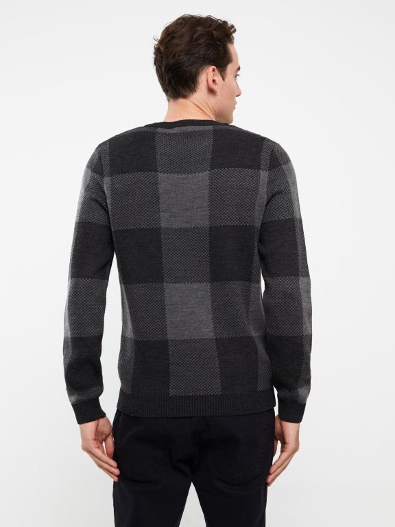 Crew Neck Long Sleeve Plaid Men's Tricot Sweater
