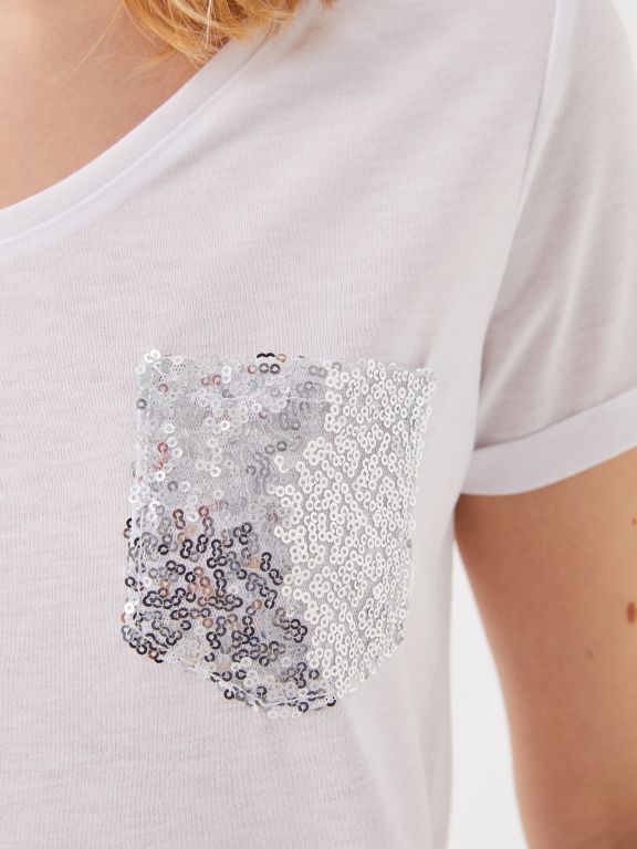 V-Neck Sequin Embroidered Short Sleeve Women's T-Shirt