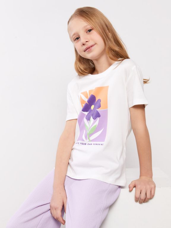 Crew Neck Printed Short Sleeve Girl T-shirt