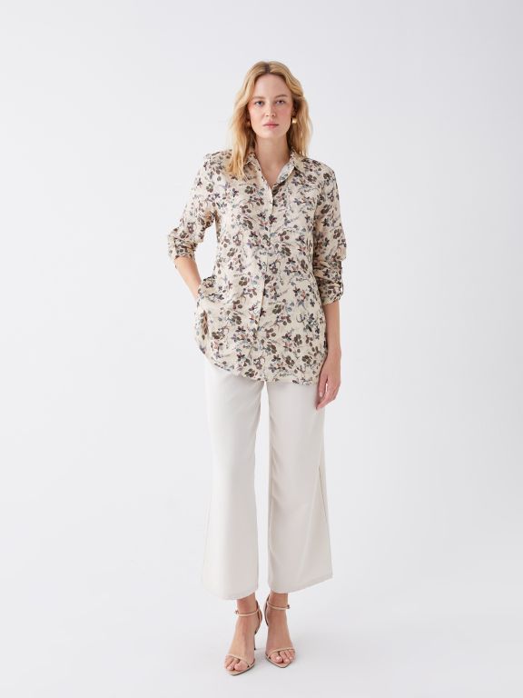 Floral Shirt Collar Long Sleeve Women's Tunic