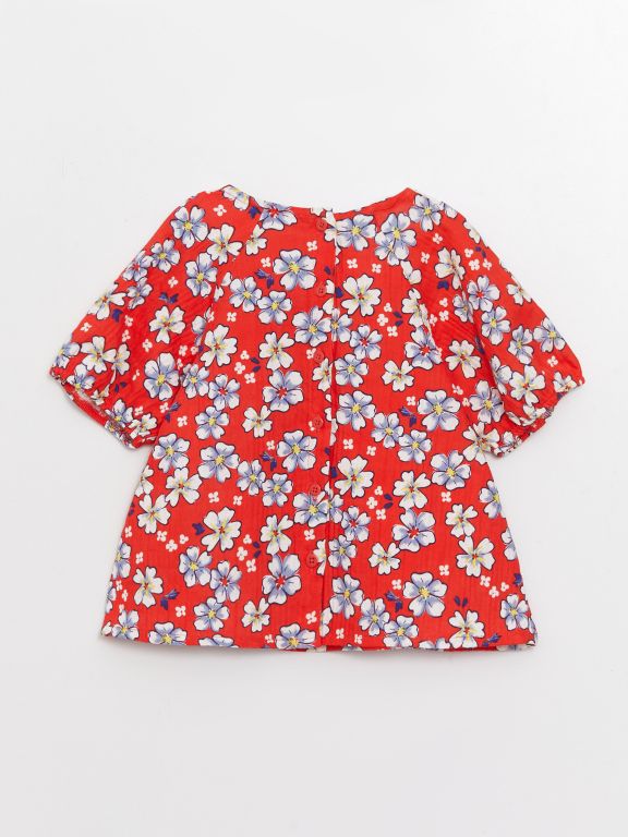 Square Collar Short Sleeve Patterned Baby Girl Blouse and Pants 2-Pack Set