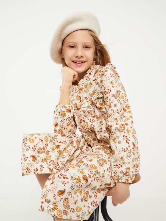 Crew Neck Patterned Long Sleeve Gabardine Girl Dress