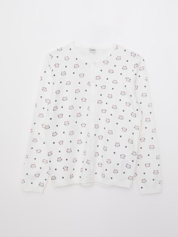 Crew Neck Patterned Long Sleeve Girl Tricot Cardigan