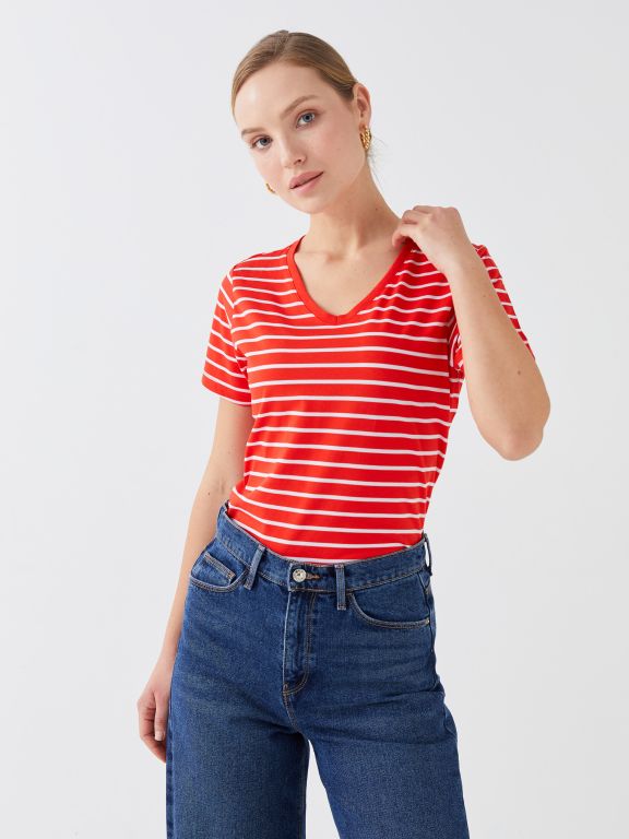 V Neck Striped Short Sleeve Women T-Shirt