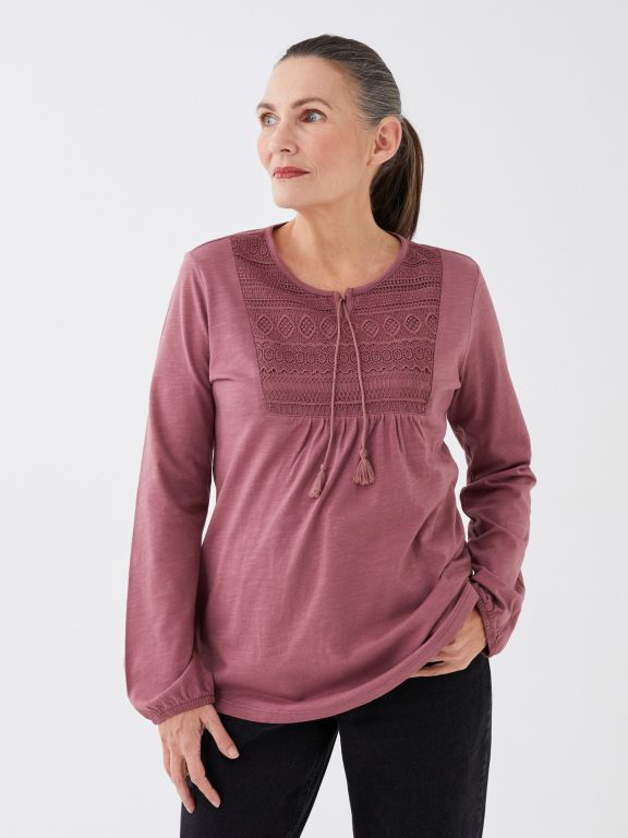 Tie Neck Embroidered Long Sleeve Women's Blouse