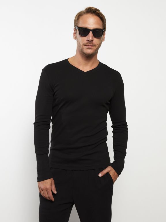 V Neck Long Sleeve Combed Cotton Men's T-shirt