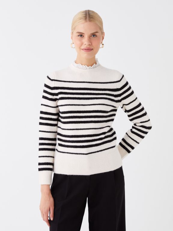 Crew Neck Striped Long Sleeve Women's Tricot Sweater