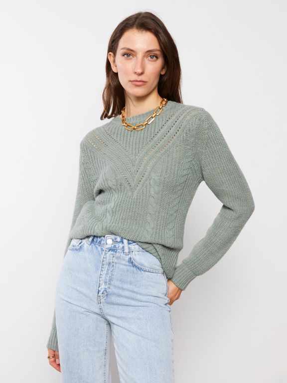 Crew Neck Self Patterned Long Sleeve Women's Tricot Sweater