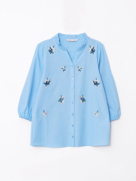Women's Crew Neck Embroidery Cotton Shirt
