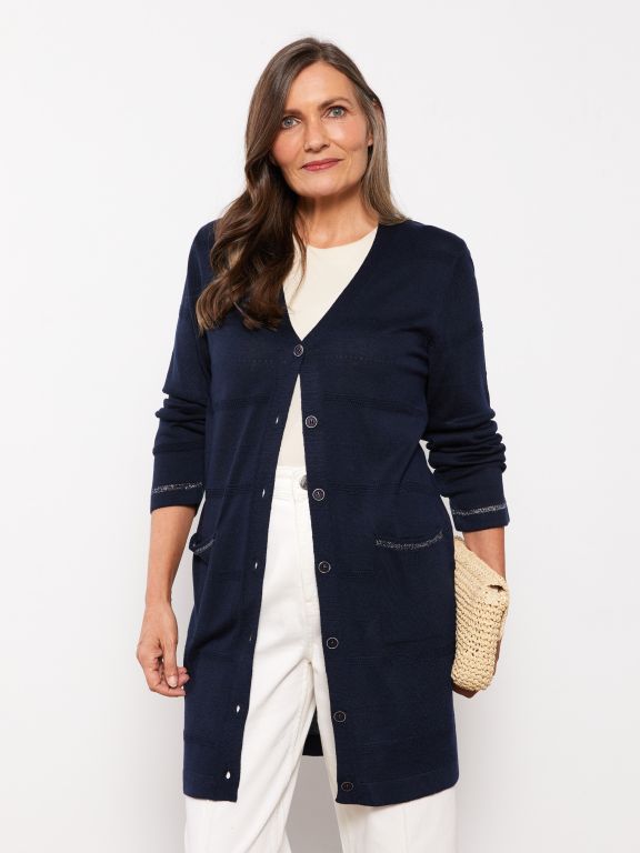 V Neck Self Patterned Long Sleeve Women's Tricot Cardigan