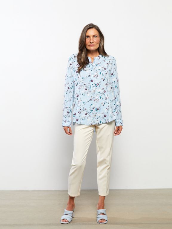 Crew Neck Flower Long Sleeve Viscose Women's Blouse