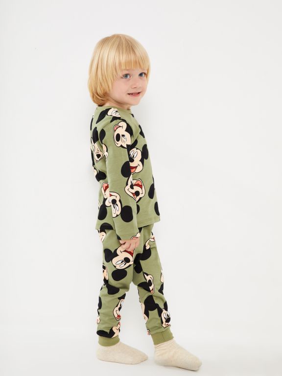 Crew Neck Long Sleeved Mickey Mouse Printed Baby Boy Pajamas Set