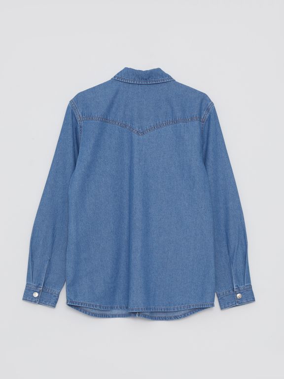 Front Button Closure Straight Long Sleeve Women's Jean Shirt