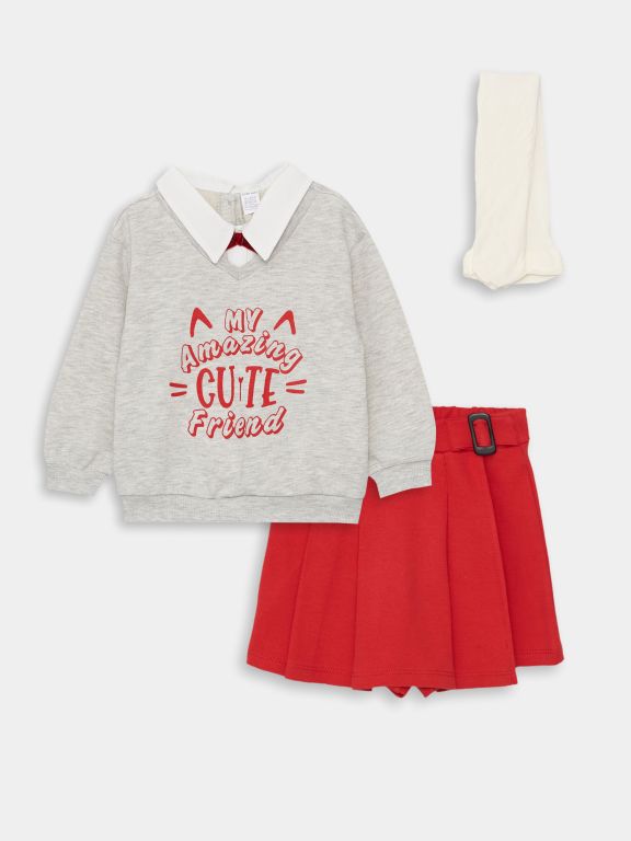Shirt Collar Long Sleeve Baby Girl Set 3-Piece