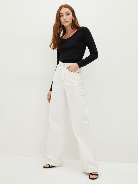 Women's U-Neck Plain Long Sleeve Cotton T-Shirt