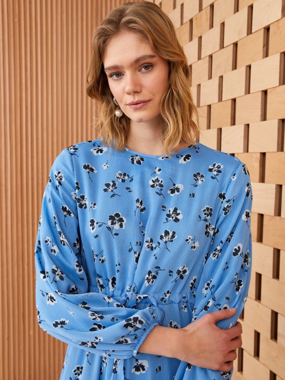 Women's Crew Neck Patterned Long Sleeve Dress