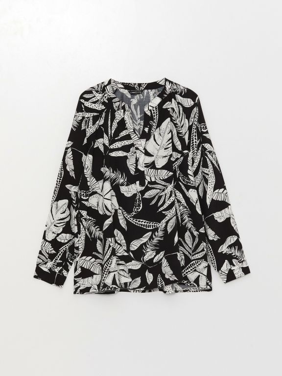 Henley Neckline Patterned Long Sleeve Women's Blouse