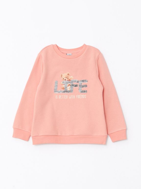 Crew Neck Printed Reversible Sequined Long Sleeve Girl's Sweatshirt