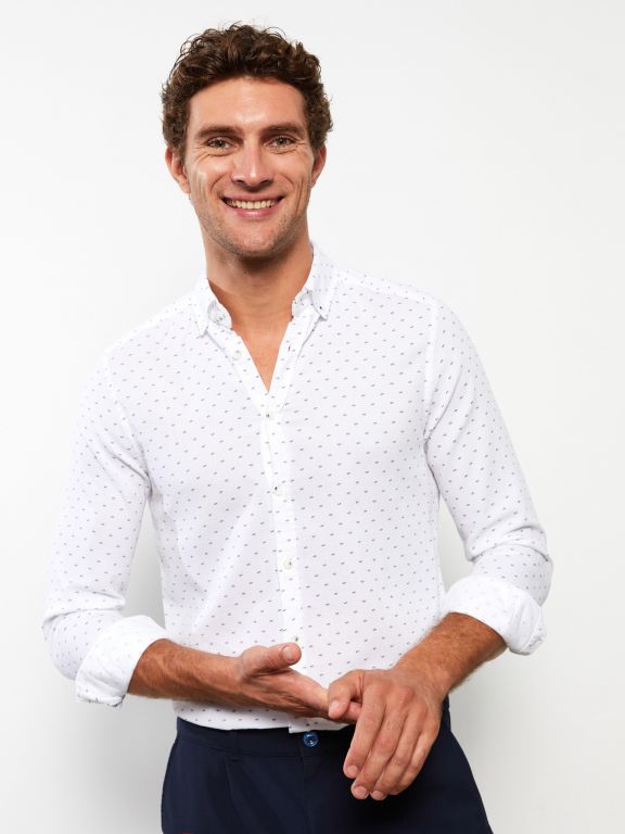 Slim Fit Long Sleeve Patterned Dobby Weave Men's Shirt