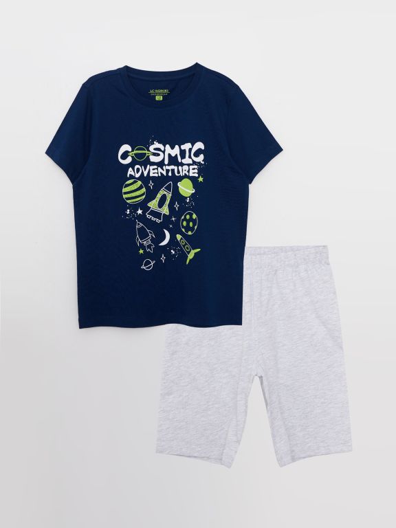 Crew Neck Printed Short Sleeve Boy's Short Pajamas Set