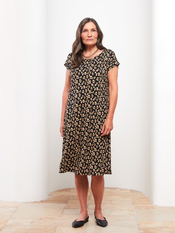 Crew Neck Floral Short Sleeve A Cut Women's Dress