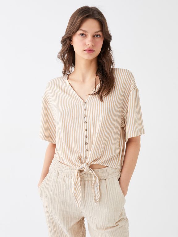 V-Neck Striped Short Sleeve Oversize Women's Blouse