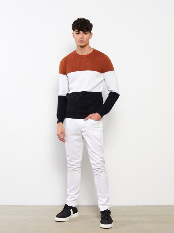 Crew Neck Long Sleeve Men's Tricot Sweater with Color Block