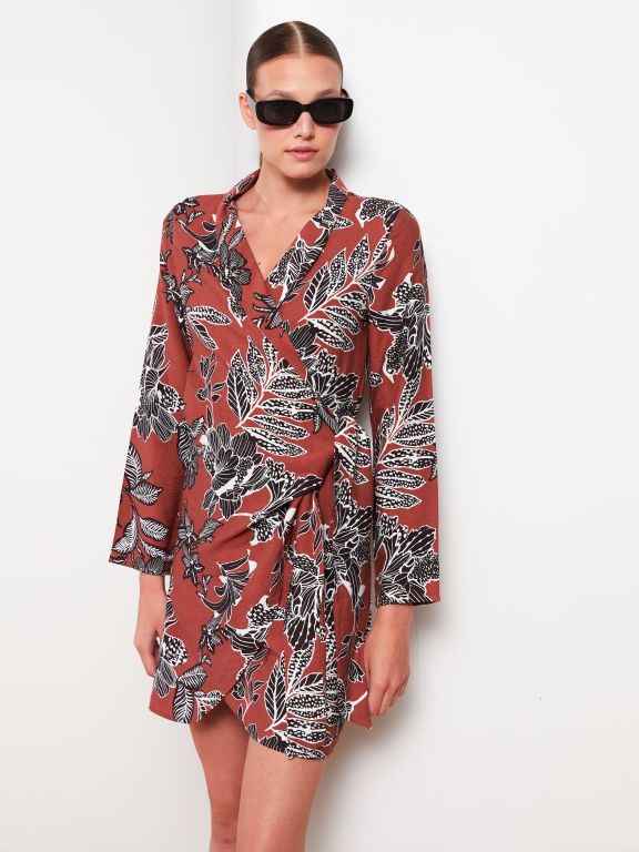 Double Breasted Collar Patterned Long Sleeve Women's Dress