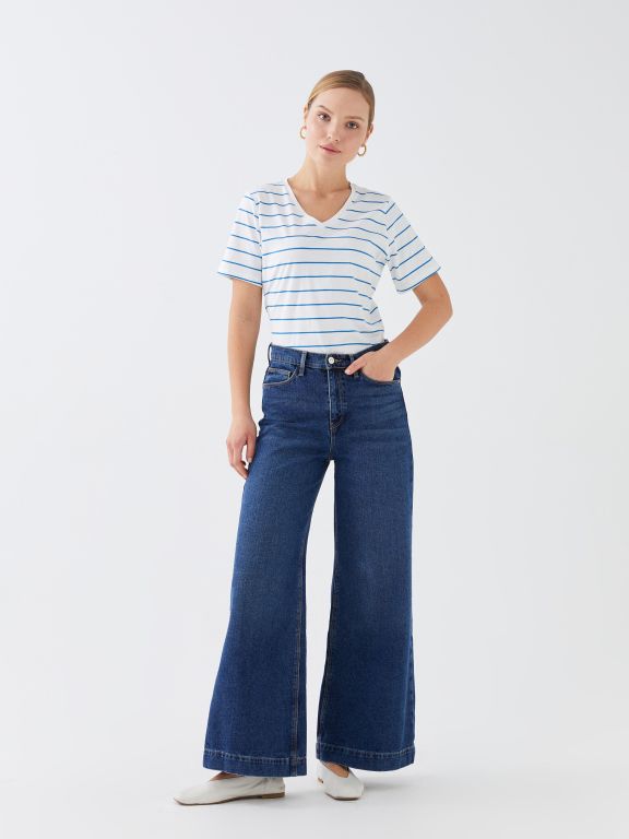 V Neck Striped Short Sleeve Women T-Shirt
