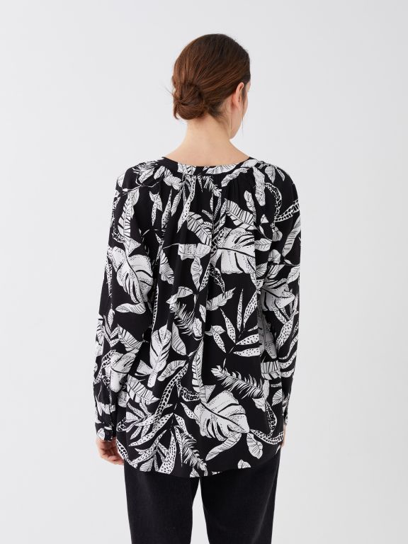 Henley Neckline Patterned Long Sleeve Women's Blouse