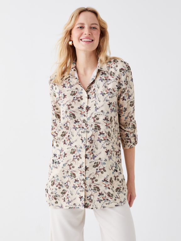 Floral Shirt Collar Long Sleeve Women's Tunic