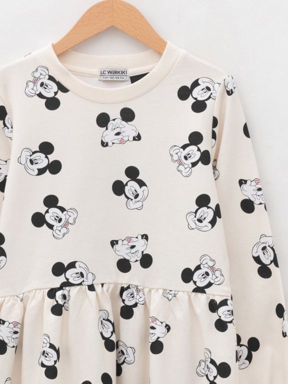 Crew Neck Mickey Mouse Printed Long Sleeve Girl Dress
