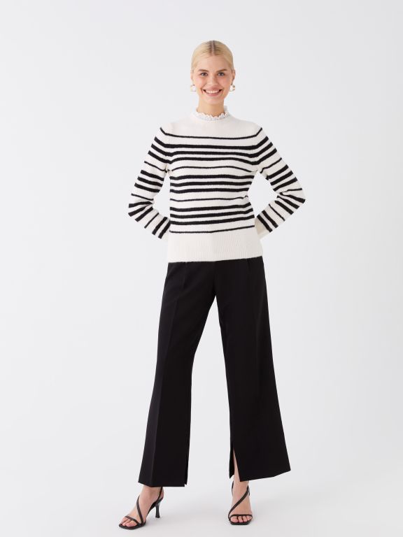 Crew Neck Striped Long Sleeve Women's Tricot Sweater