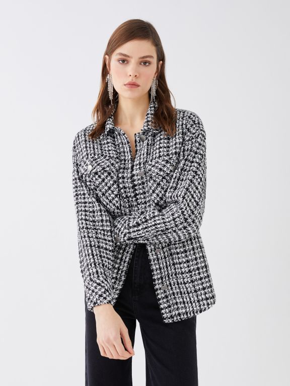 Patterned Long Sleeve Oversize Tweed Women's Shirt Jacket