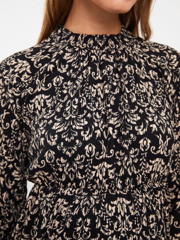 Standing Collar Patterned Long Sleeve Crinkled Maternity Dress