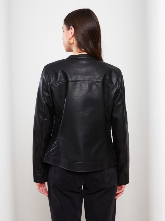 Crew Neck Regular Long Sleeve Women's Faux Leather Jacket