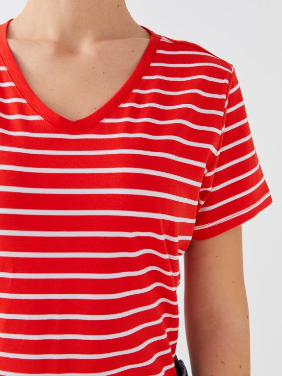 V Neck Striped Short Sleeve Women T-Shirt