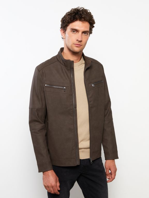 Standard Fit Turtle Neck Men's Faux Leather Jacket