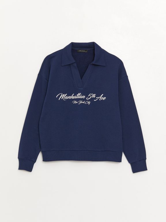Polo Neck Printed Long Sleeve Oversize Women's Sweatshirt