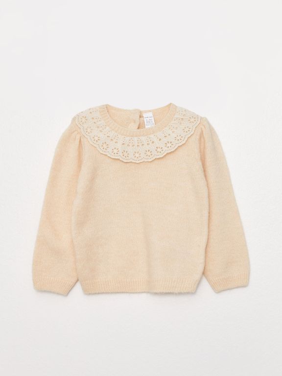 Crew Neck Long Sleeve Lace Detailed Baby Girl 3-Piece Set