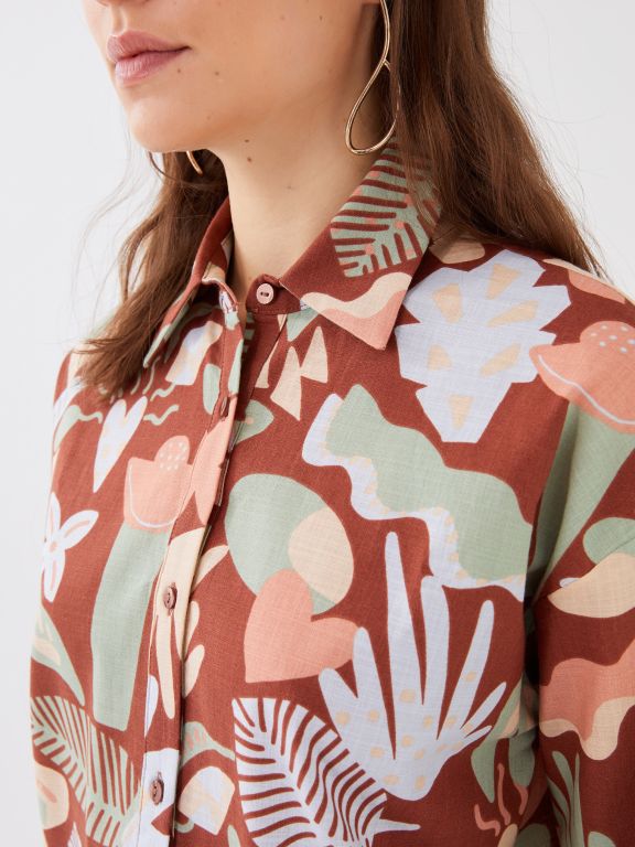 Shirt Collar Patterned Long Sleeve Women's Poplin Tunic