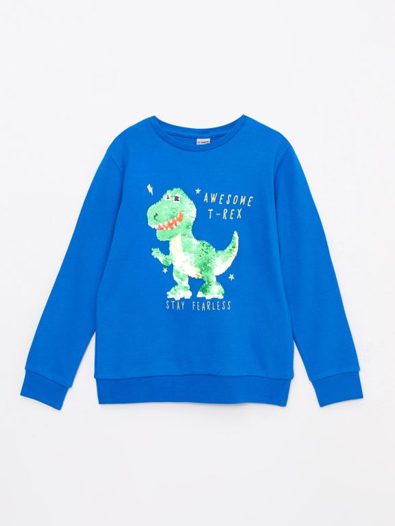 Crew Neck Printed Reversible Sequined Long Sleeve Boy T-Shirt