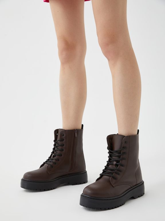 Faux Leather Lace-up and Zippered Women's Boots