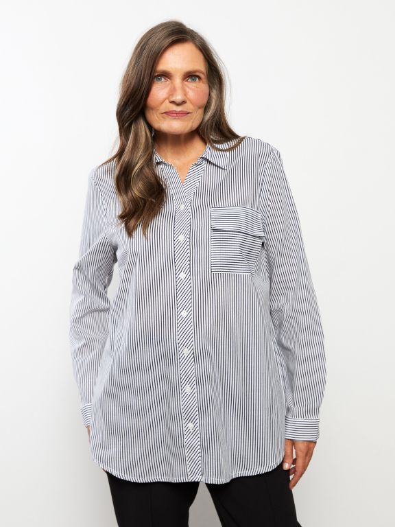 Striped Shirt Collar Long Sleeve Cotton Women's Tunic