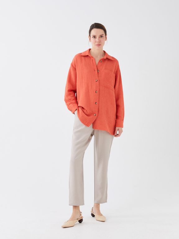 Shirt Collar Straight Long Sleeve Oversize Muslin Women's Tunic