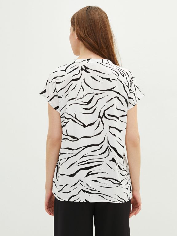 Tie Collar Patterned Short Sleeve Viscose Women's Blouse