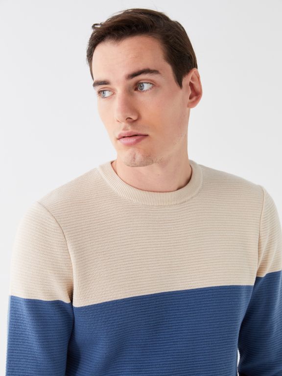 Crew Neck Long Sleeve Men's Tricot Sweater with Color Block